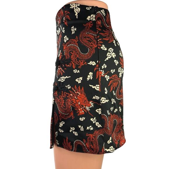 ZARA Women's Multi Chinese Dragon Print Silky Satin Slip Straight Mini Skirt XS - Picture 2 of 6